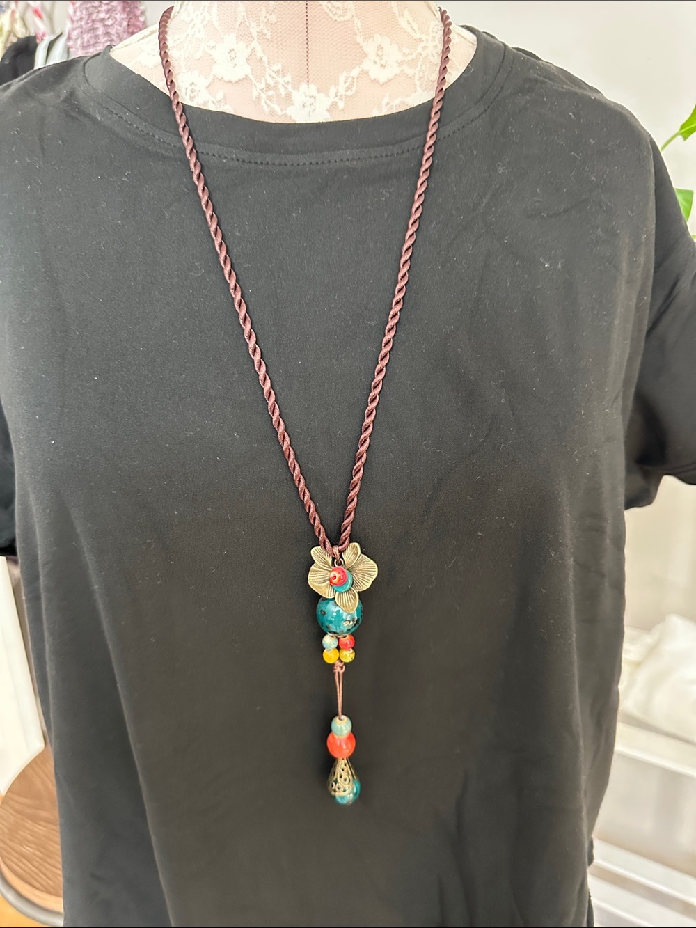 Boho Teal and Coral Beaded Pendant Necklace with Gold Accent